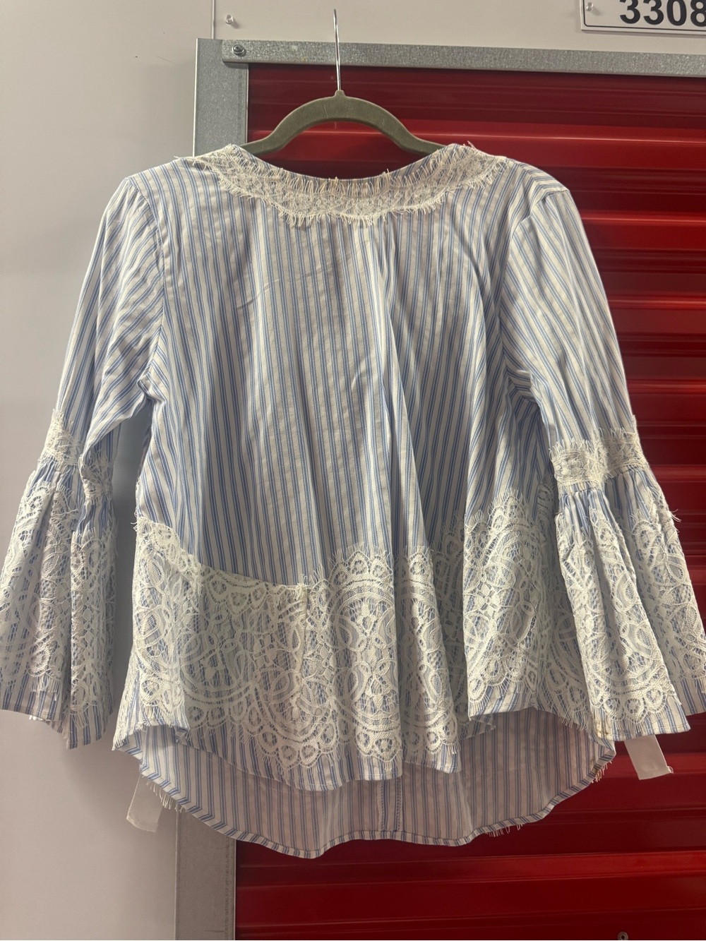 Zara Blue and White Striped Lace-Trim Bell Sleeve Blouse